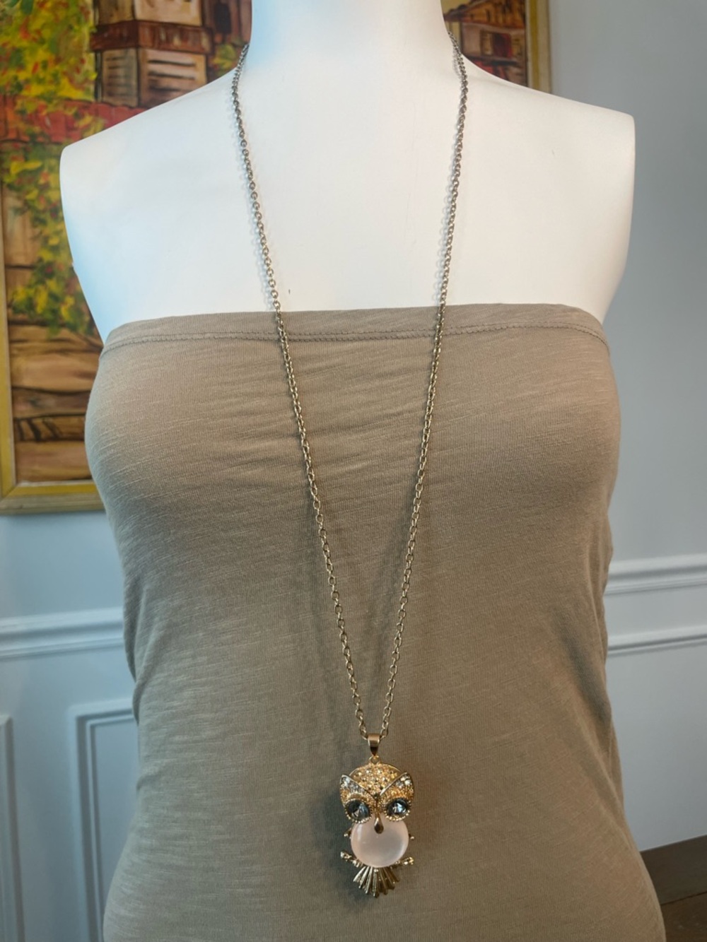 Vintage Gold Owl Pendant Long Necklace w/ Rhinestone Accents